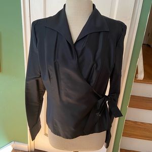 Dressy Black Kate Hill Wrap Front Blouse with Waist Tie, Size 12